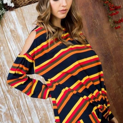 Sally - Multi Print Twist Front Cold Shoulder Knit Top - Image 10