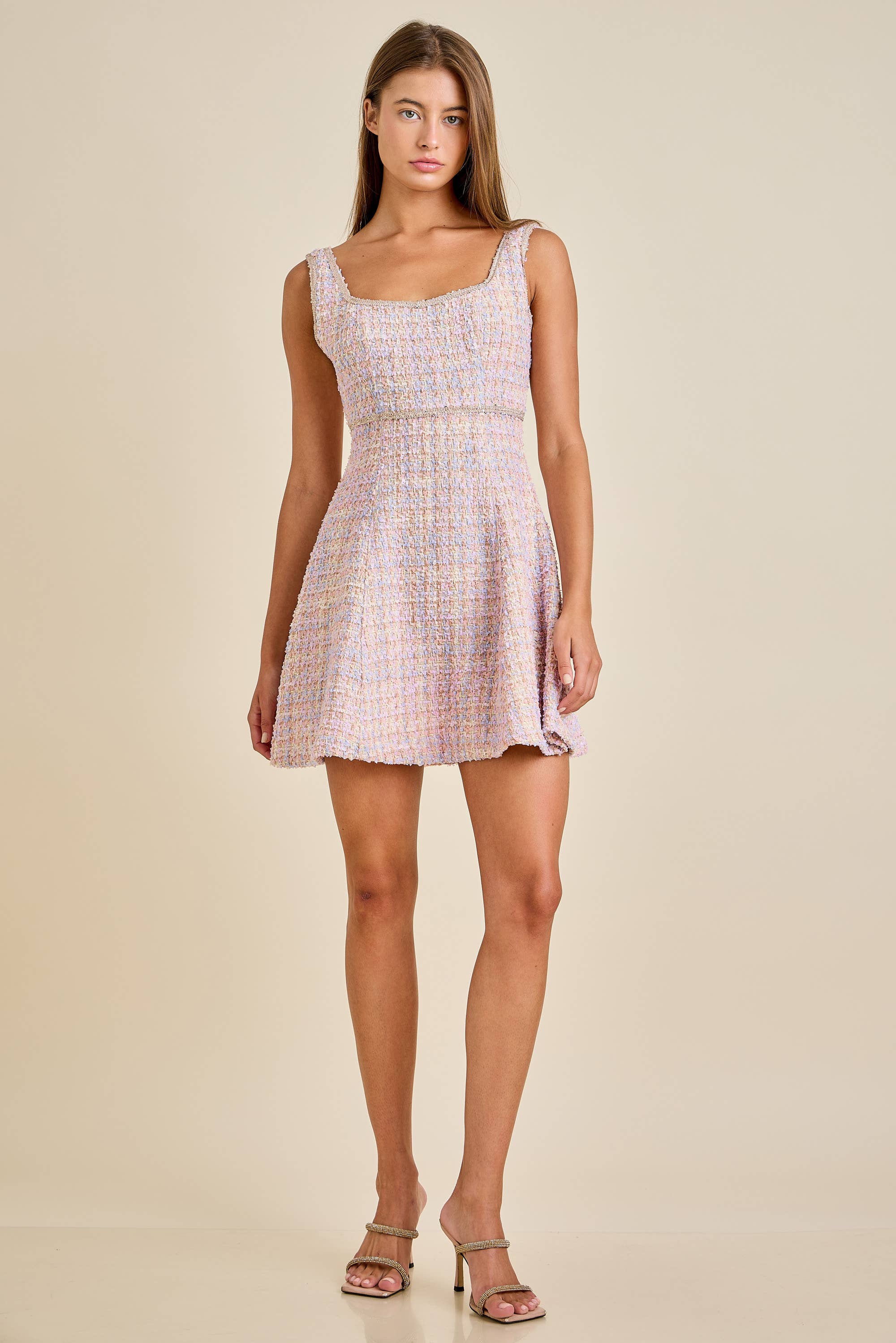 Sloane - Pastel Sequin Braid Detailed Round Neck Tweed Jacket & Mini Dress Set - Image 10