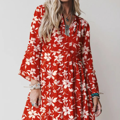 Kristen - Red Boho Floral Mini Dress