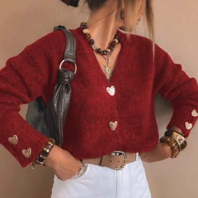 Alternative view of Margo Red Cardigan - Gold Heart Button V-Neck Knit