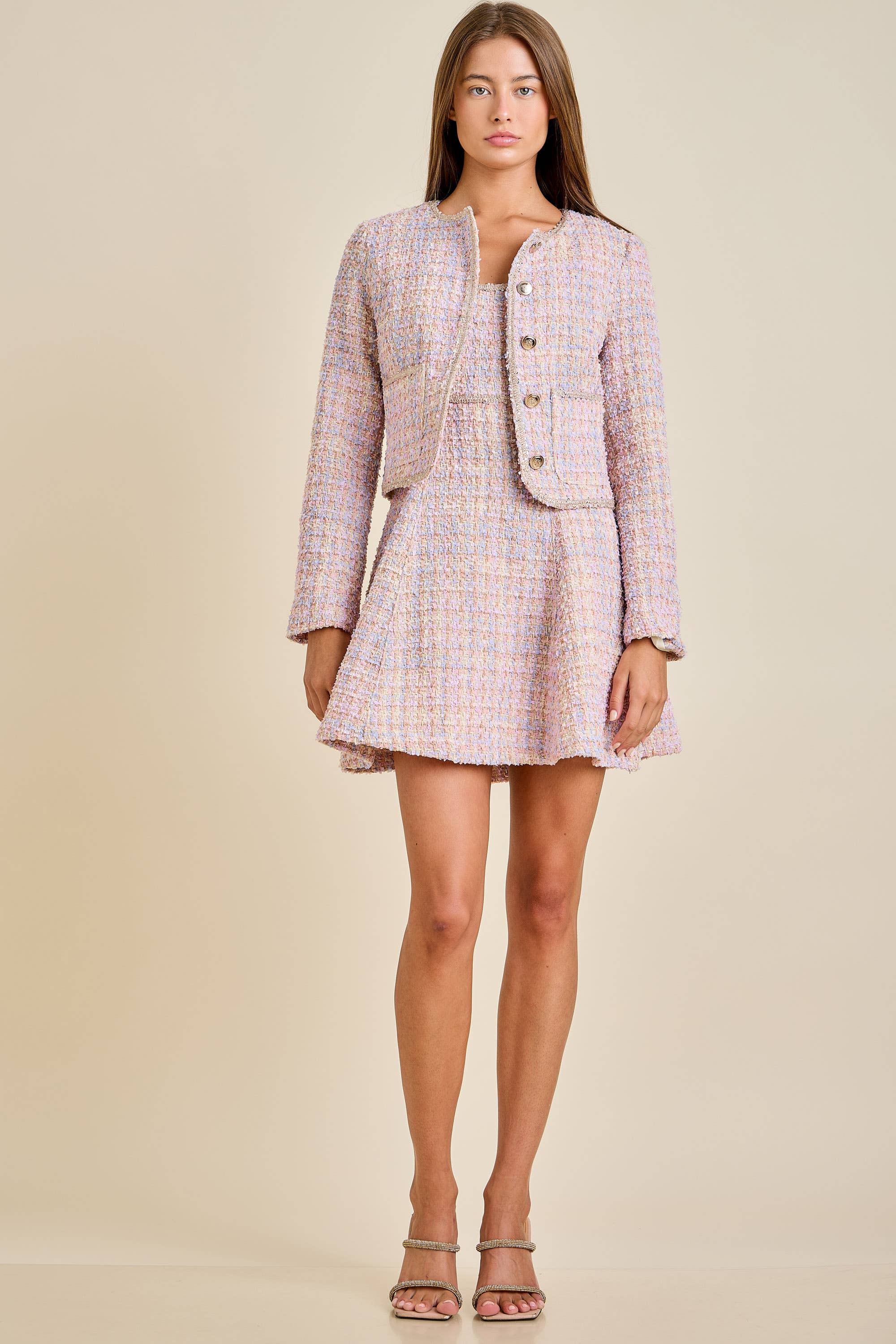Sloane - Pastel Sequin Braid Detailed Round Neck Tweed Jacket & Mini Dress Set - Image 20
