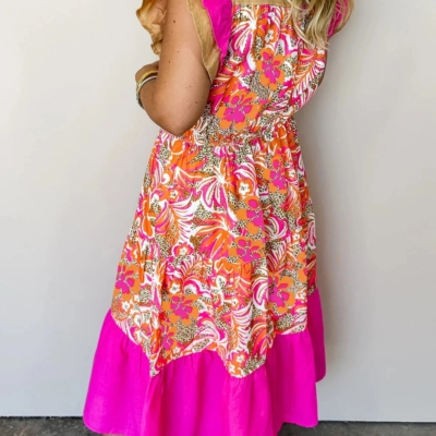 Alternative view of Carol-Pink Floral Print Color Block Ruffled Short Sleeve Flared Midi Dress