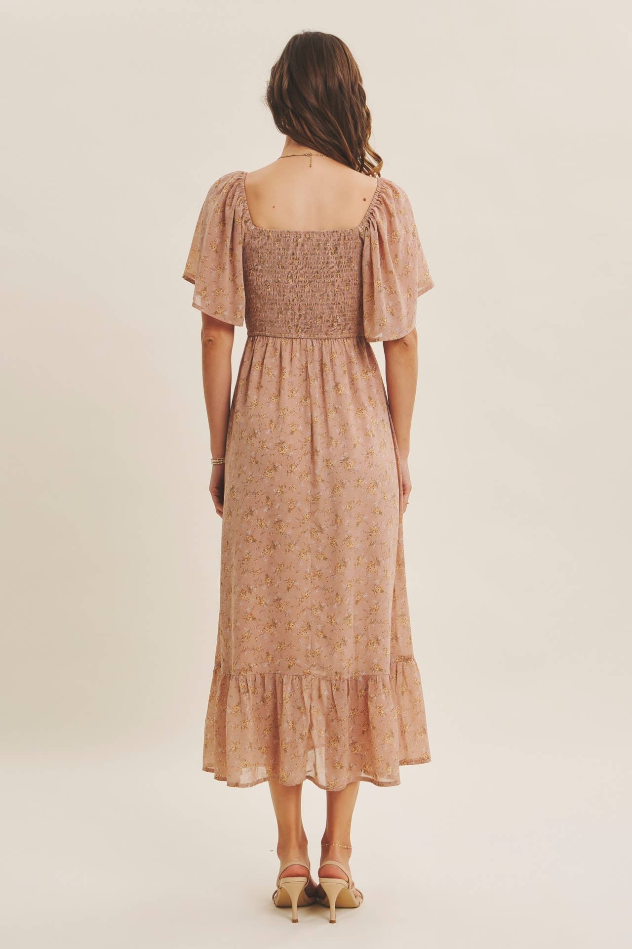 Ariana Square Neck Floral Chiffon Smocked Midi Dress - Image 11