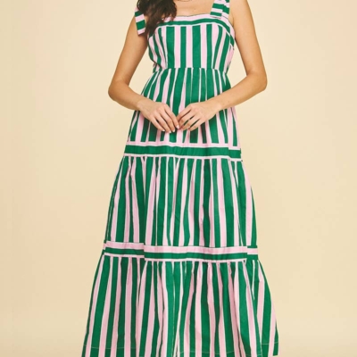 Sammie - Green and Pink Striped Tiered Maxi Dress - Image 3
