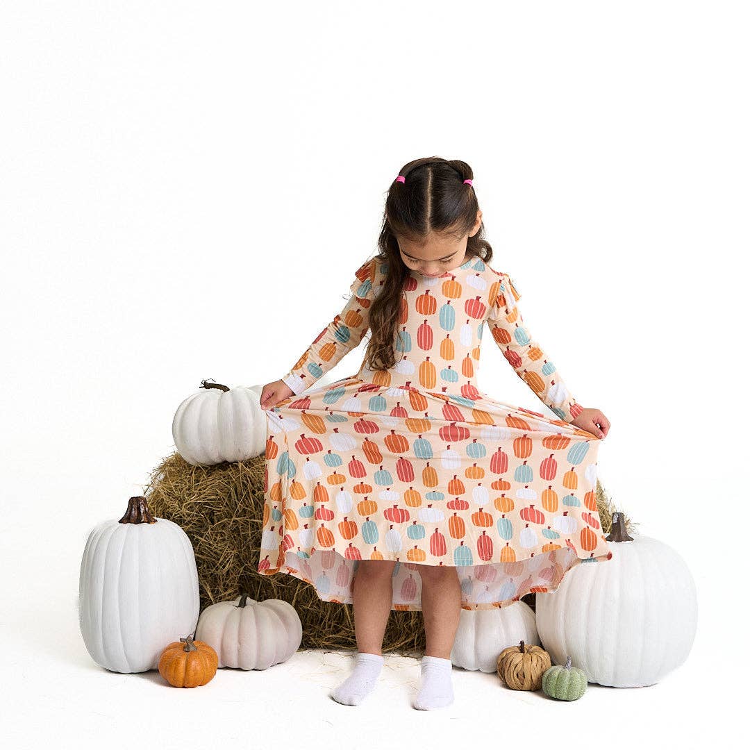 Pumpkin Patch Fall Kids Ruffle Long Sleeve Twirl Dress - Image 3