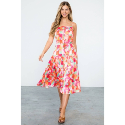 ELLIE- Sleeveless Multi Color Tiered Dress in Abstract Print - Image 3