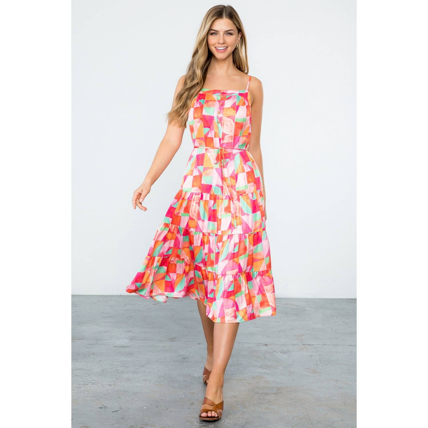 ELLIE- Sleeveless Multi Color Tiered Dress in Abstract Print - Image 3