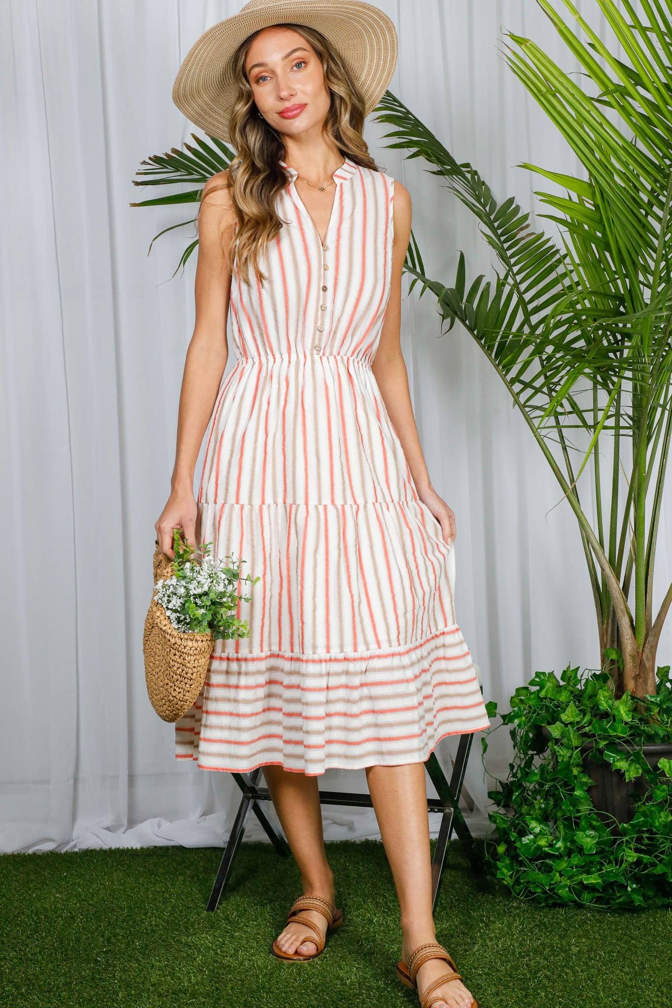 Soleil- Summer- Striped 100% Cotton Tired Midi Dress - Image 6