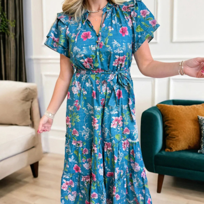 Hadley - Blue Floral Flutter Sleeve Button Tie Split Neck Belted Midi Dress - Image 4