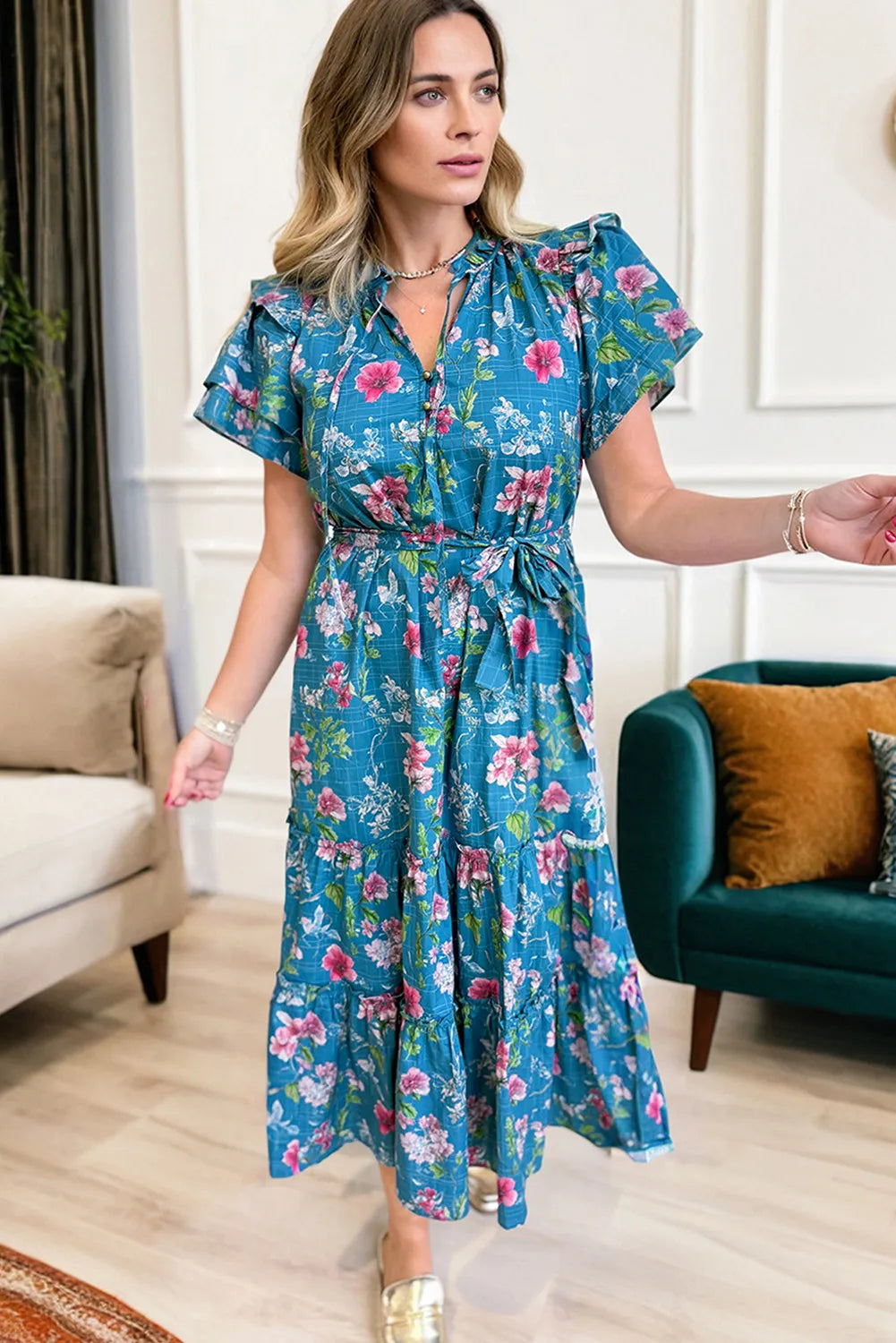 Hadley - Blue Floral Flutter Sleeve Button Tie Split Neck Belted Midi Dress - Image 4