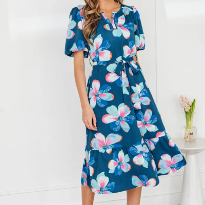 Myra - Blue Floral Print Short Puff Sleeve Ruffle Hem Belted Long Dress