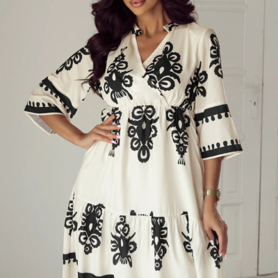 Annie - Beige Geometric Print 3/4 Sleeve Midi Dress