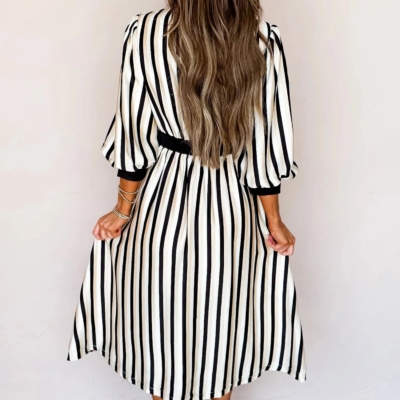 Alternative view of Virginia- Black Stripe 3/4 Puff Sleeve Shirt Style Button Down Midi Dress