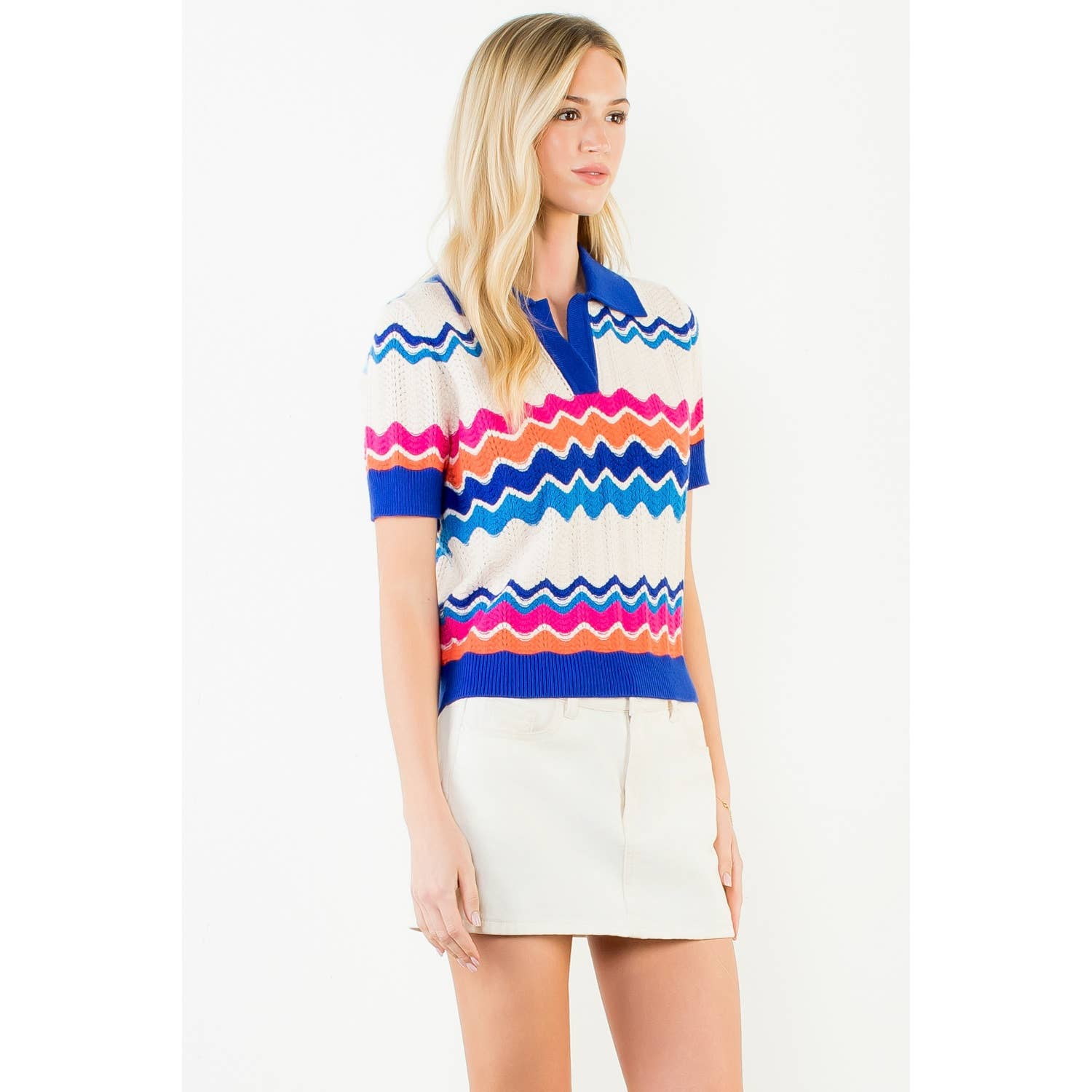 Tracey - Short Sleeve Collared Zigzag Knit Top - Image 6