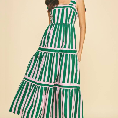 Sammie - Green and Pink Striped Tiered Maxi Dress