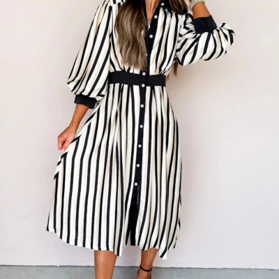 Virginia- Black Stripe 3/4 Puff Sleeve Shirt Style Button Down Midi Dress - Image 4