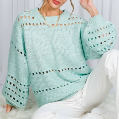 Round Neck Balloon Sleeve Open-Knit Crochet Sweater