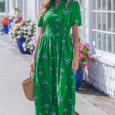 Vickie - Green  Floral Print Split Neck Shirred High Waist Ruffle Hem Maxi Dress - Image 3
