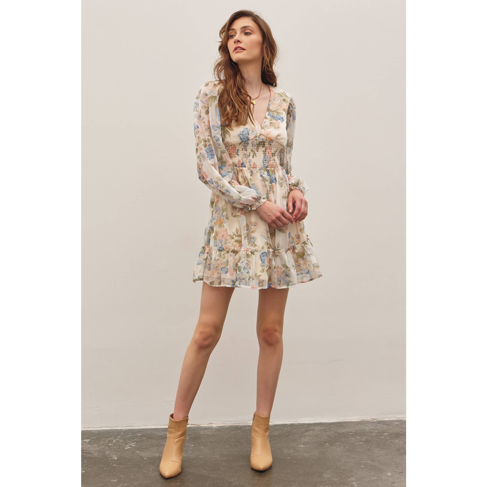 LAYLA-FRENCH FLORAL V-NECK SMOCKED MINI DRESS - Image 9
