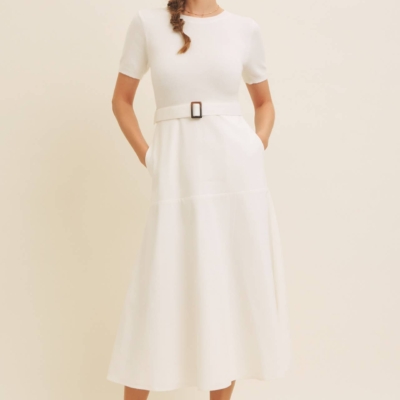 Delaney Sweater Midi Dress - White Mixed Media Dress with Belt - Image 3