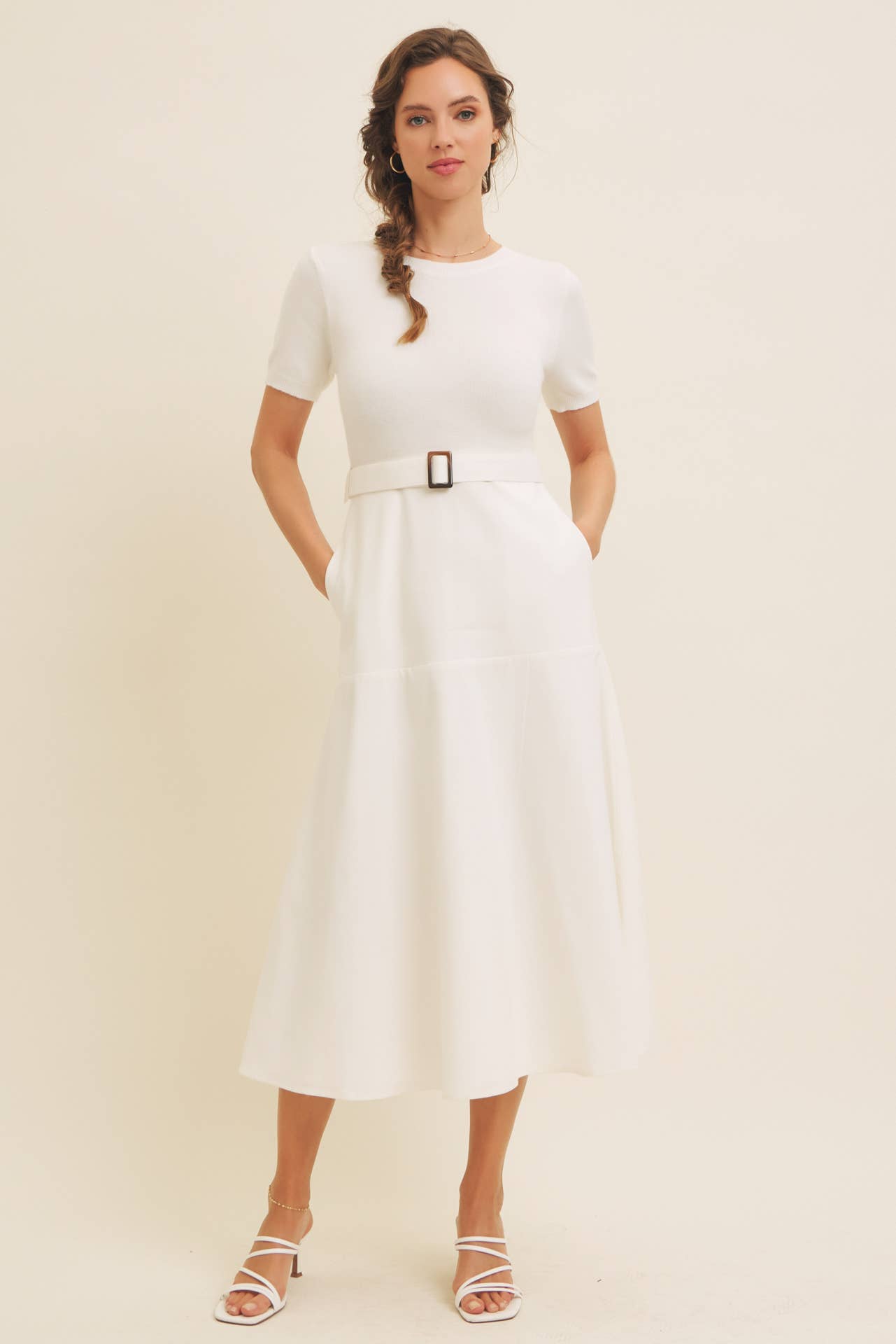 Delaney Sweater Midi Dress - White Mixed Media Dress with Belt - Image 3