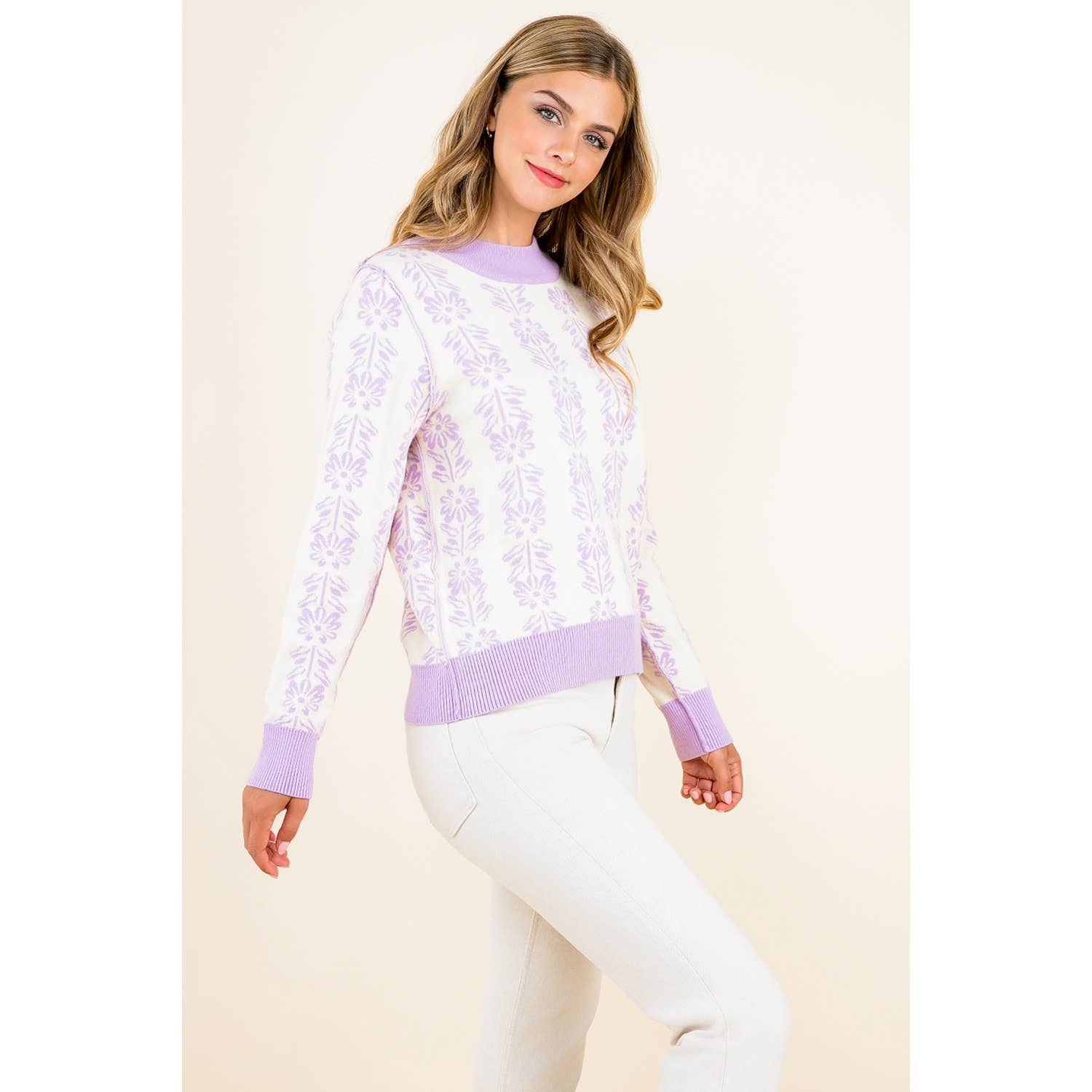 Leyla - Long Sleeve Floral Pattern Knit Pullover Sweater - Image 7