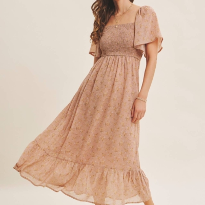 Ariana Square Neck Floral Chiffon Smocked Midi Dress - Image 4