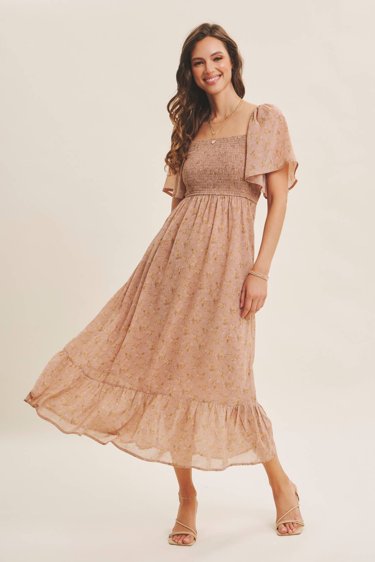 Ariana Square Neck Floral Chiffon Smocked Midi Dress - Image 4