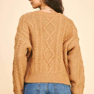 Elizabeth Cable Knit Sweater - Cropped V-Neck, Navy or Camel - Image 6