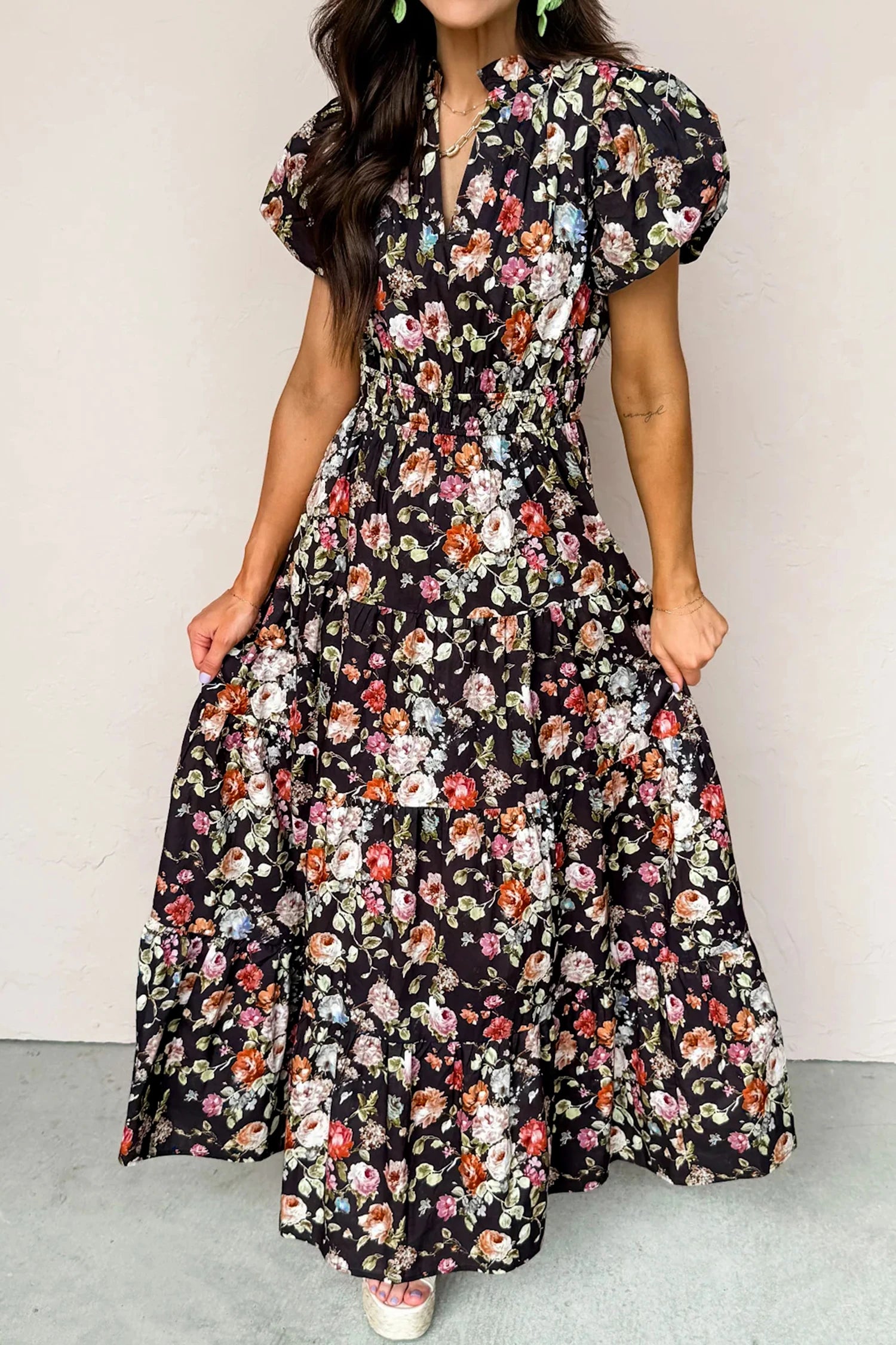 Sally- Black Floral Tiered Maxi Dress - Image 2