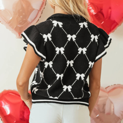 Alternative view of Heather - Black Chevron Pattern Bow Print Zipped Collar Sweater Top