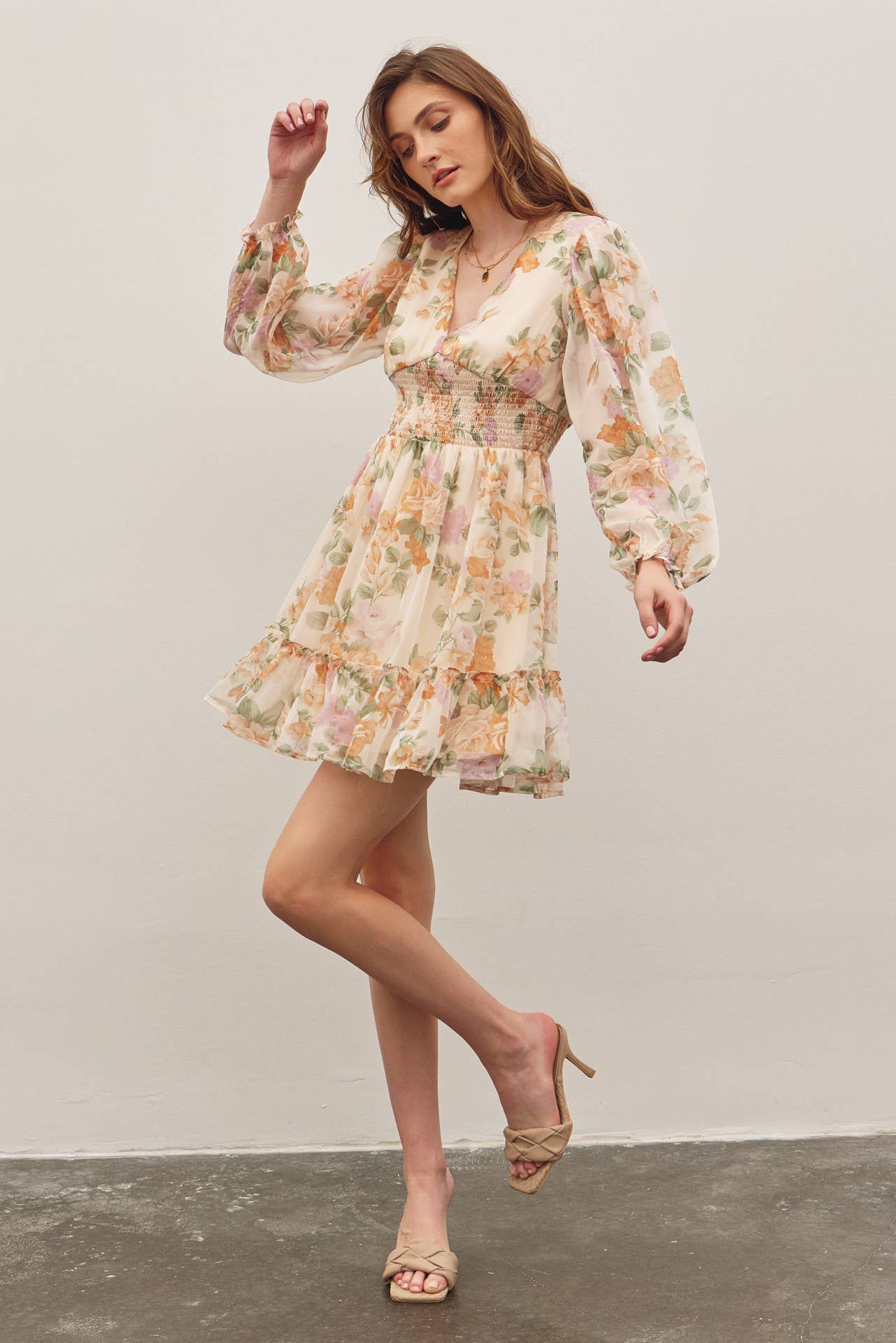 LAYLA-FRENCH FLORAL V-NECK SMOCKED MINI DRESS - Image 2