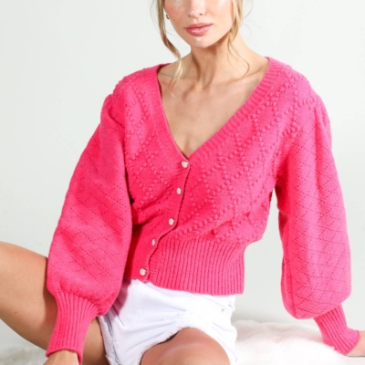 Alternative view of Miranda Argyle Cardigan - Pearl Button V-Neck Balloon Sleeve