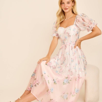 Cassy Floral print colorblock midi dress with puff short sleeves - Image 6