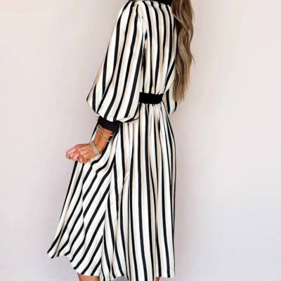 Virginia- Black Stripe 3/4 Puff Sleeve Shirt Style Button Down Midi Dress - Image 3