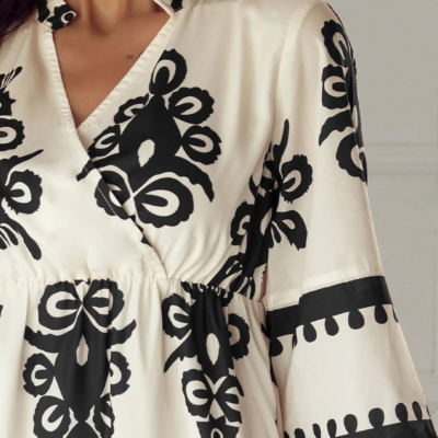 Annie - Beige Geometric Print 3/4 Sleeve Midi Dress - Image 4