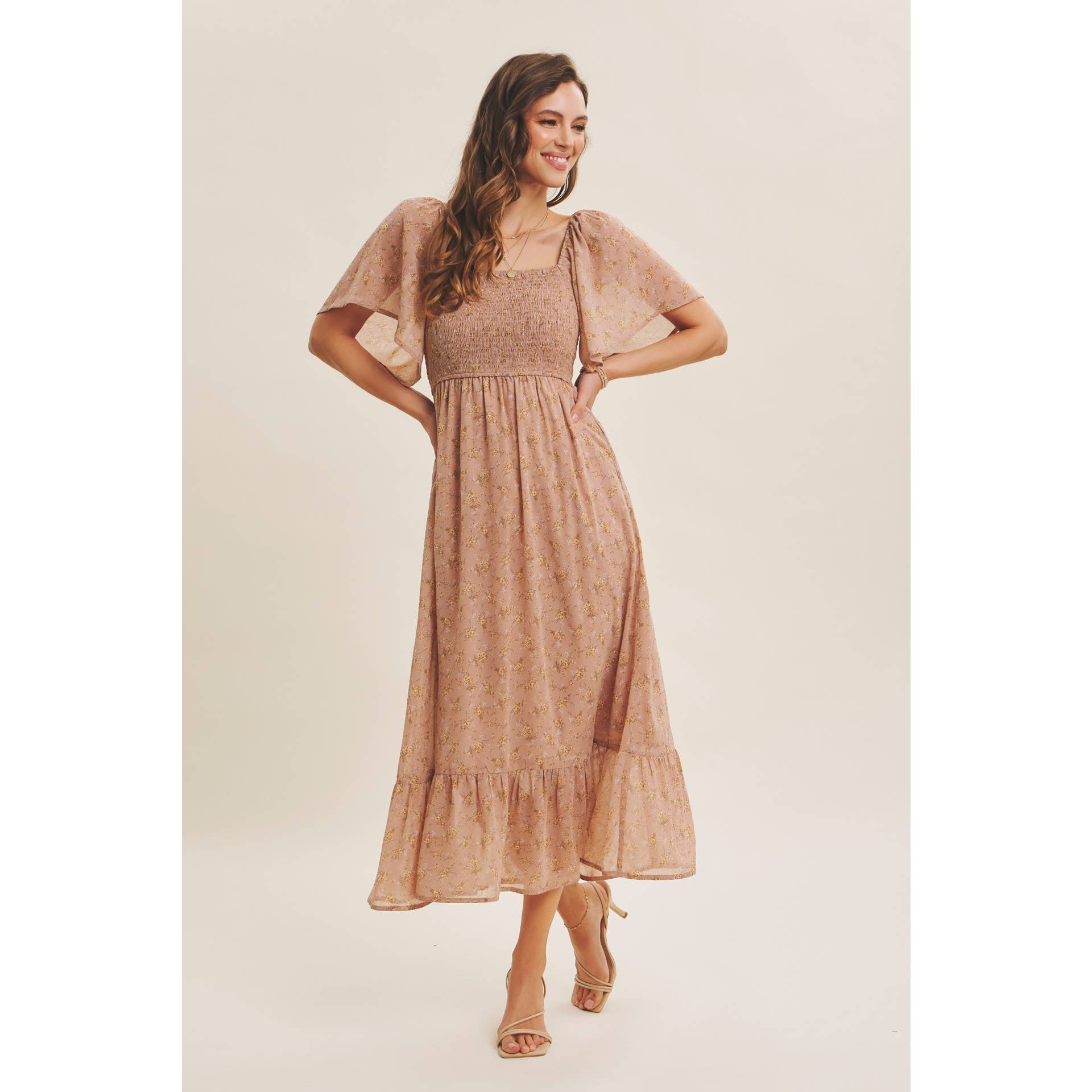 Ariana Square Neck Floral Chiffon Smocked Midi Dress - Image 7