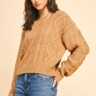 Elizabeth Cable Knit Sweater - Cropped V-Neck, Navy or Camel - Image 5